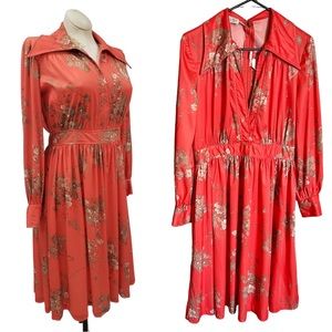 1970s Vintage Bernie Bee Butterfly Collar Coral & Floral Print Fit & Flare Dress